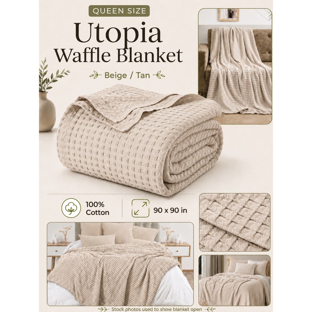 Utopia Waffle Blanket Queen Beige 100% Cotton Breathable Lightweight New